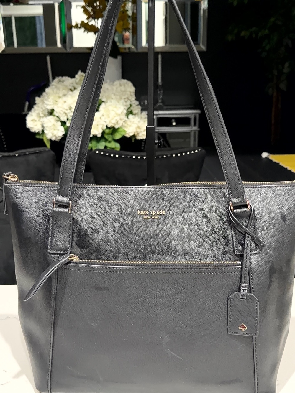 kate spade Black Saffiano Leather Tote with Front Zip Pocket
